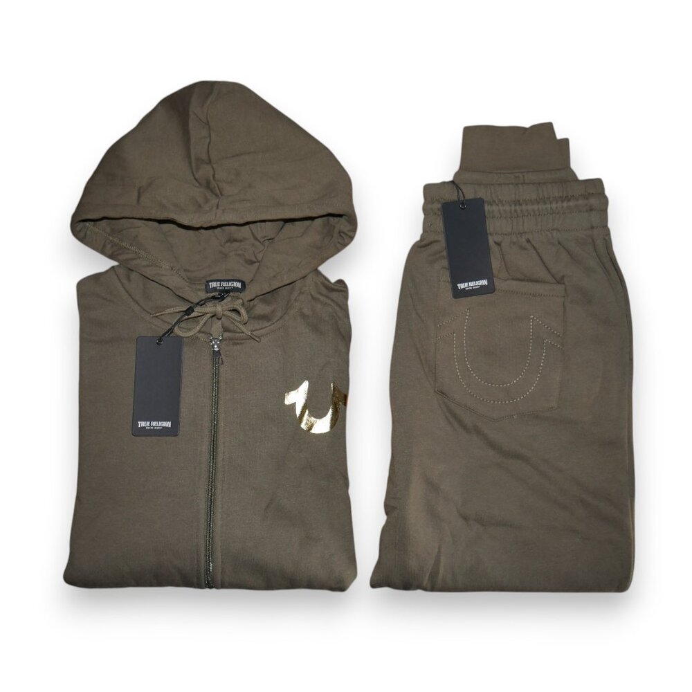 True Religion Men's 2 PC Sweatsuit Fleece Tracksuit Matching Outfit Olive Green - Picture 7 of 10